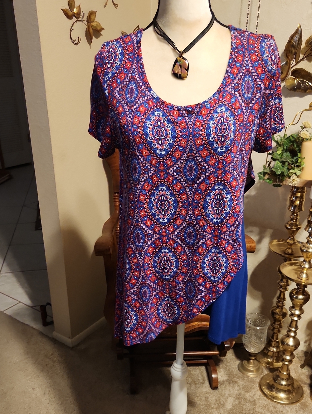 Women’s Blue and Red Asymmetrical Short Sleeve Scoop Neck Top